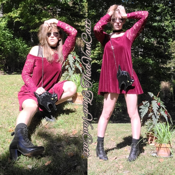 90s Betsey Johnson LUXE lace sleeves burgundy wine red VELVET mini dress / tunic - Picture 2 of 9